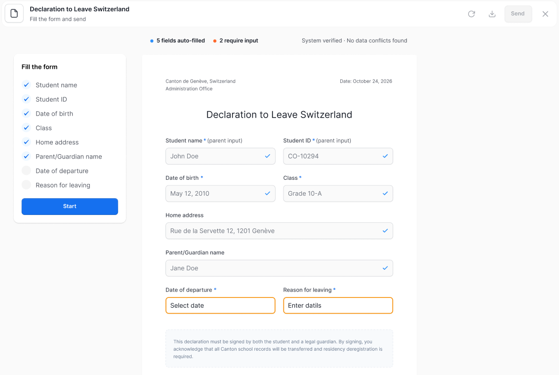 Declaration form with auto-filled fields and conflict check